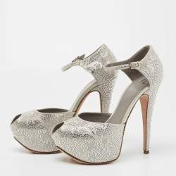 Pre Owned Gina Grey Satin Crystal Embellished Peep Toe Pumps Size 38