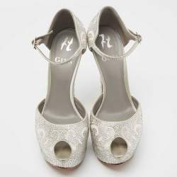 Pre Owned Gina Grey Satin Crystal Embellished Peep Toe Pumps Size 38