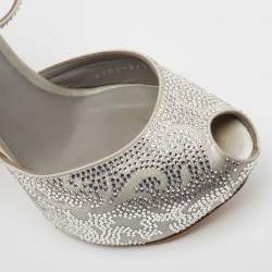 Pre Owned Gina Grey Satin Crystal Embellished Peep Toe Pumps Size 38