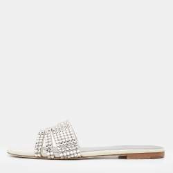 Pre Owned Gina Off White/Silver Patent Leather Crystal Embellished Flat Slides Size 37.5