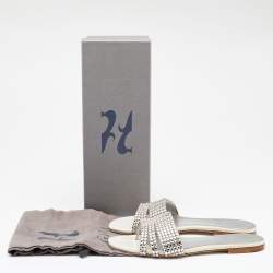 Pre Owned Gina Off White/Silver Patent Leather Crystal Embellished Flat Slides Size 37.5
