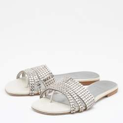 Pre Owned Gina Off White/Silver Patent Leather Crystal Embellished Flat Slides Size 37.5