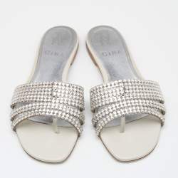 Pre Owned Gina Off White/Silver Patent Leather Crystal Embellished Flat Slides Size 37.5