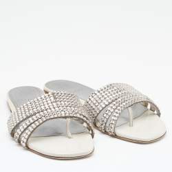 Pre Owned Gina Off White/Silver Patent Leather Crystal Embellished Flat Slides Size 37.5