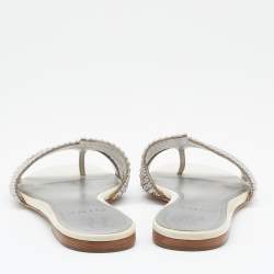 Pre Owned Gina Off White/Silver Patent Leather Crystal Embellished Flat Slides Size 37.5