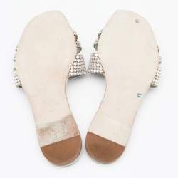 Pre Owned Gina Off White/Silver Patent Leather Crystal Embellished Flat Slides Size 37.5
