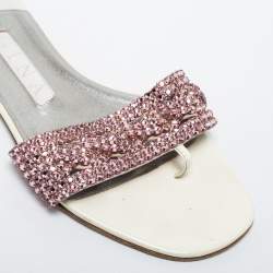 Pre Owned Gina White Leather Embellished Thong Flats Size 38