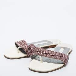 Pre Owned Gina White Leather Embellished Thong Flats Size 38