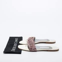 Pre Owned Gina White Leather Embellished Thong Flats Size 38