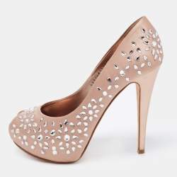 Pre Owned Gina Beige Satin Embellished Peep Toe Platform Pumps Size 39.5