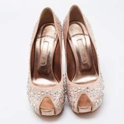 Pre Owned Gina Beige Satin Embellished Peep Toe Platform Pumps Size 39.5