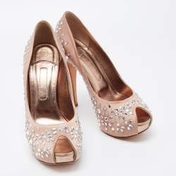 Pre Owned Gina Beige Satin Embellished Peep Toe Platform Pumps Size 39.5
