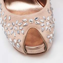 Pre Owned Gina Beige Satin Embellished Peep Toe Platform Pumps Size 39.5