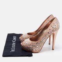 Pre Owned Gina Beige Satin Embellished Peep Toe Platform Pumps Size 39.5