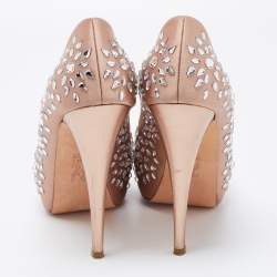 Pre Owned Gina Beige Satin Embellished Peep Toe Platform Pumps Size 39.5