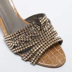 Pre Owned Gina Olive Green Croc Embossed Leather Crystal Embellished Loren Slide Sandals Size 41