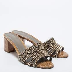 Pre Owned Gina Olive Green Croc Embossed Leather Crystal Embellished Loren Slide Sandals Size 41