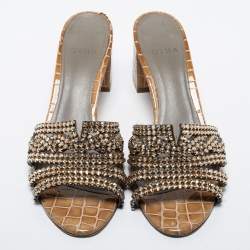 Pre Owned Gina Olive Green Croc Embossed Leather Crystal Embellished Loren Slide Sandals Size 41
