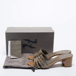 Pre Owned Gina Olive Green Croc Embossed Leather Crystal Embellished Loren Slide Sandals Size 41