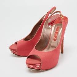 Gina Coral Pink Canvas Crystal Embellished Open Toe Slingback Pumps Size 39.5