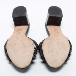 Pre Owned Gina Black Crystal Embellished Leather Block Heel Slide Sandals Size 38.5