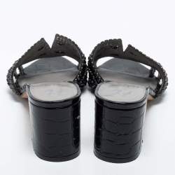 Pre Owned Gina Black Crystal Embellished Leather Block Heel Slide Sandals Size 38.5