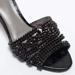 Pre Owned Gina Black Crystal Embellished Leather Block Heel Slide Sandals Size 38.5