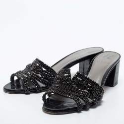 Pre Owned Gina Black Crystal Embellished Leather Block Heel Slide Sandals Size 38.5