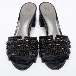 Pre Owned Gina Black Crystal Embellished Leather Block Heel Slide Sandals Size 38.5