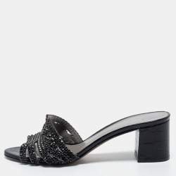 Pre Owned Gina Black Crystal Embellished Leather Block Heel Slide Sandals Size 38.5