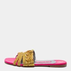 Pre Owned Gina Pink/Gold Crystals Embellished Patent Leather Flat Slides Size 37