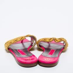 Pre Owned Gina Pink/Gold Crystals Embellished Patent Leather Flat Slides Size 37