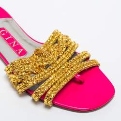 Pre Owned Gina Pink/Gold Crystals Embellished Patent Leather Flat Slides Size 37