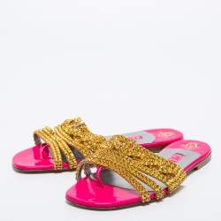 Pre Owned Gina Pink/Gold Crystals Embellished Patent Leather Flat Slides Size 37