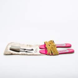Pre Owned Gina Pink/Gold Crystals Embellished Patent Leather Flat Slides Size 37