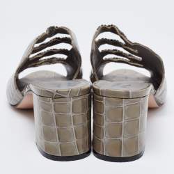 مملوكة مسبقًا Gina Green Croc Embossed Patent Leather Crystal Block Heel Sandals Size 41