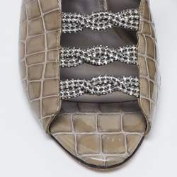 مملوكة مسبقًا Gina Green Croc Embossed Patent Leather Crystal Block Heel Sandals Size 41