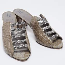 مملوكة مسبقًا Gina Green Croc Embossed Patent Leather Crystal Block Heel Sandals Size 41