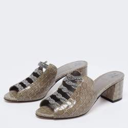 مملوكة مسبقًا Gina Green Croc Embossed Patent Leather Crystal Block Heel Sandals Size 41