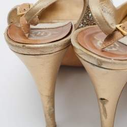Pre Owned Gina Gold Leather Crystal Embellished Platform Sandals Size 38