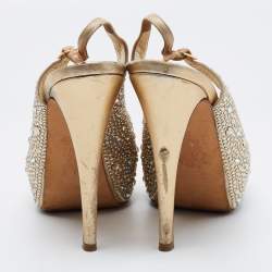 Pre Owned Gina Gold Leather Crystal Embellished Platform Sandals Size 38