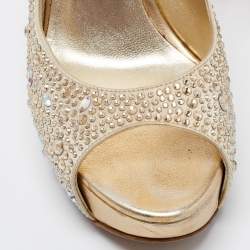 Pre Owned Gina Gold Leather Crystal Embellished Platform Sandals Size 38