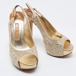 Pre Owned Gina Gold Leather Crystal Embellished Platform Sandals Size 38