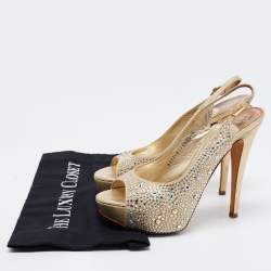 Pre Owned Gina Gold Leather Crystal Embellished Platform Sandals Size 38