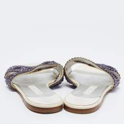 مملوكة مسبقًا Gina Purple Leather Crystal Embellished Flat Slides Size 38.5