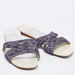 مملوكة مسبقًا Gina Purple Leather Crystal Embellished Flat Slides Size 38.5
