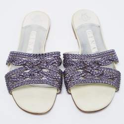 مملوكة مسبقًا Gina Purple Leather Crystal Embellished Flat Slides Size 38.5