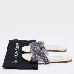 مملوكة مسبقًا Gina Purple Leather Crystal Embellished Flat Slides Size 38.5