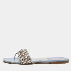 Gina Light Blue Patent Crystal Embellished Thong Slides  Size 38.5
