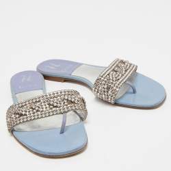Gina Light Blue Patent Crystal Embellished Thong Slides  Size 38.5